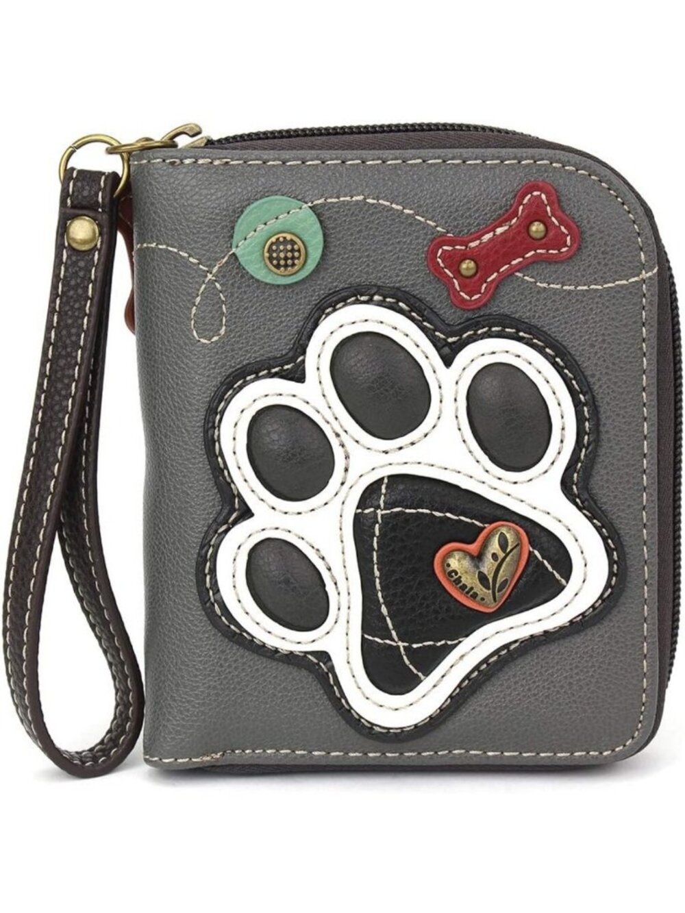 Stylish Zip Around Wallet Wristlet, 8 Card Slots, Durable PU Leather, Gray Paw